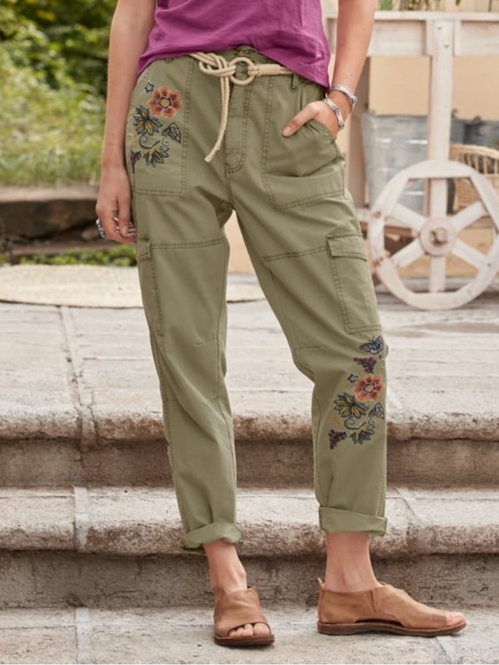 NWT Sundance Natalia Embroidered Cargo Utility Pants Olive Green Size 10